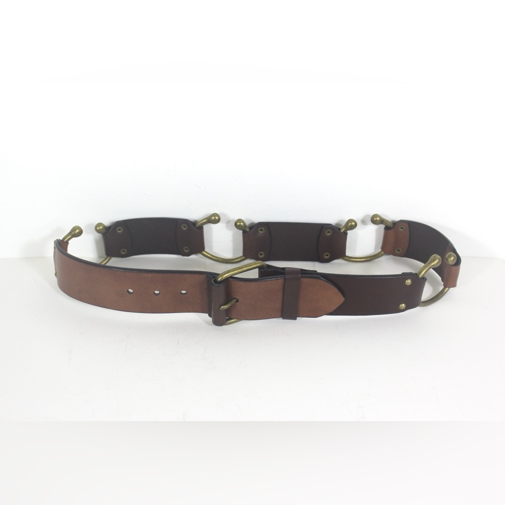 Vintage Wide Brown Leather and Solid Brass Belt with Two Tone Brown Leather